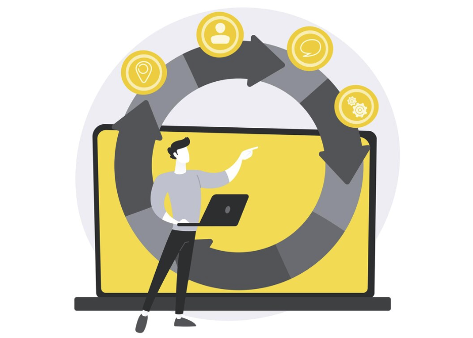 Illustration of an employee pointing to a streamlined wheel of operations.