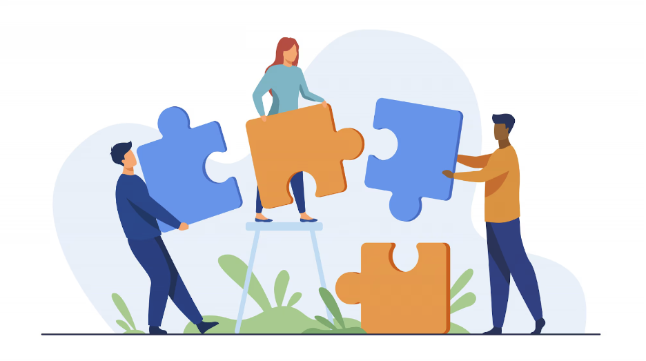 Illustration of a team putting large puzzle pieces together.