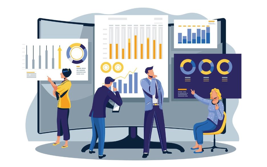 Illustration of employees analyzing charts and forecasting.